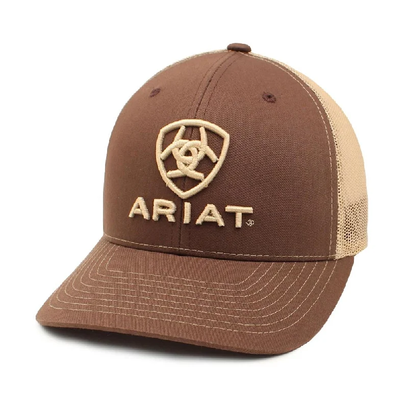 Mens Shield Logo Mesh Snapback Hat- Brown & Khaki