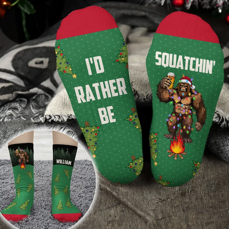 Sasquatch I'D Rather Be Squatching Christmas Bigfoot - Personalized Crew Socks